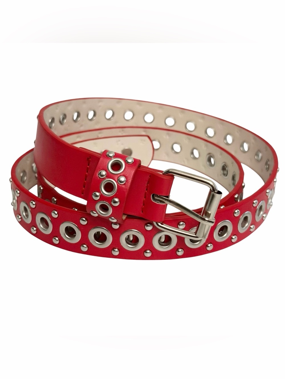 Belt 43” Silver Studs & Eyelets Red Faux Leather
